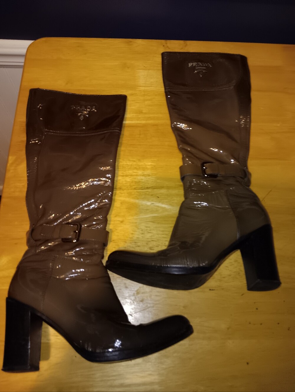 Prada Taupe Patent Leather Knee Boots Size 34 1/2